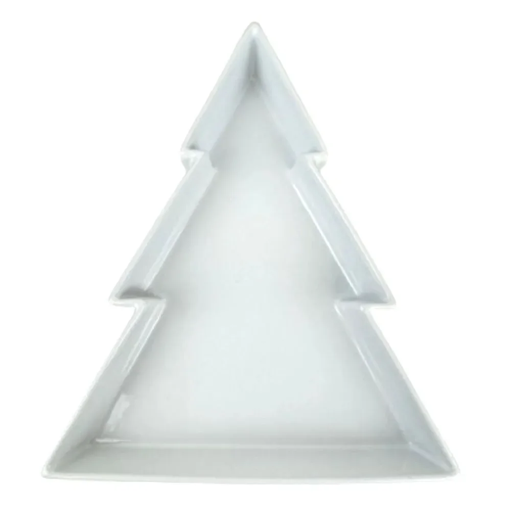 Crate & Barrel White Ceramic Christmas Pine Tree Serving Dish Platter Tray NEW